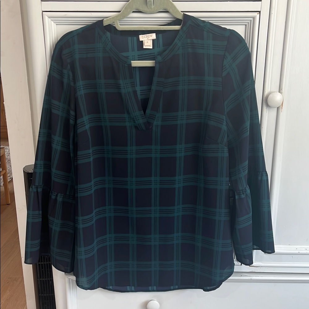 Jcrew Factory Green and Blue 3/4 Sleeve Mandarin Collar Blouse